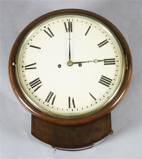 A mid 19th century mahogany drop dial wall clock, width 14in. height 16.5in.